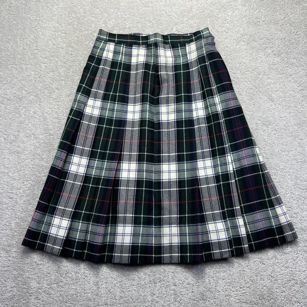 VINTAGE Breeches Midi Skirt Womens Size 14 Green White Tartan Wool Plaid Pleated